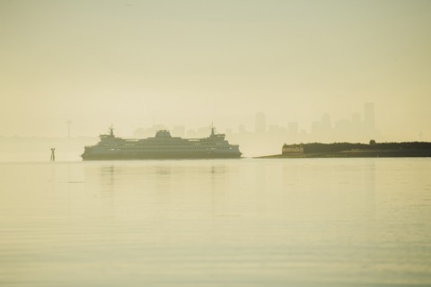 Cruise ship near city skyline at sunset