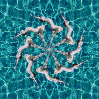 Multiple exposure of Caucasian woman swimming in spiral