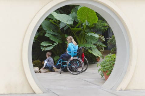 Paraplegic mother and son admiring plants