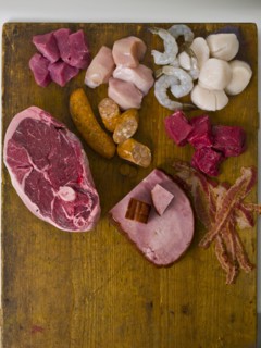 Various raw meat and seafood