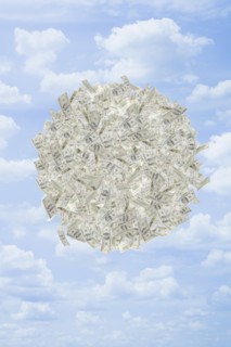 Illustration of globe of dollar bills in sky