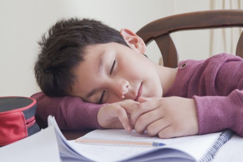 Hispanic boy sleeping on homework at table