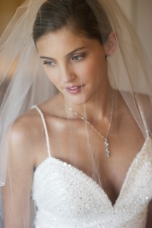 Caucasian bride wearing wedding gown and veil