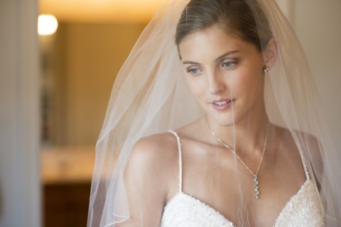Caucasian bride wearing wedding gown and veil