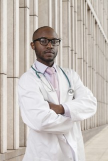 Black doctor standing on city street