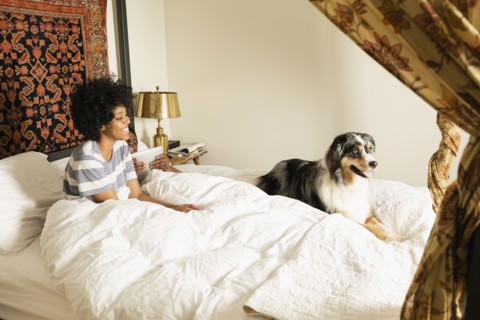 Mixed race woman sitting with dog in bed