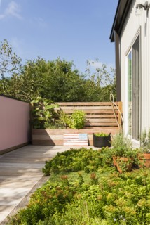 Landscaping and patio of modern condo building