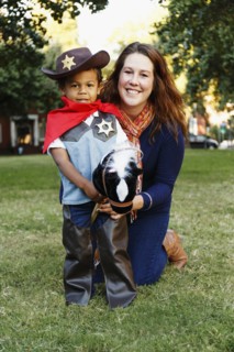 Mother with son dressed as cowboy for Halloween