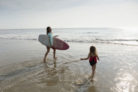 Mother and daughter playing in waves on beach