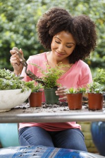 Black woman gardening at table outdoors