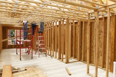 Volunteers standing on ladders and scaffolding at construction site