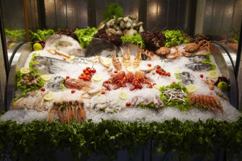 Seafood displayed on ice