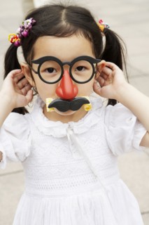 Chinese girl wearing mask with eyeglasses and mustache