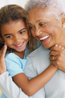 Senior woman and granddaughter touching noses