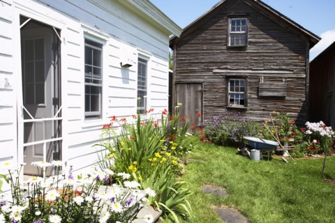 Shed and flowerbeds in backyard