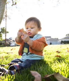 Hispanic boy playing in leaves in park