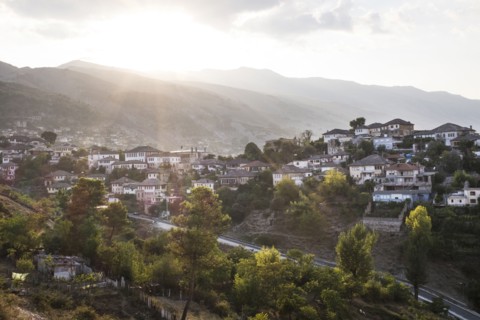 Aerial view of village in rural landscape