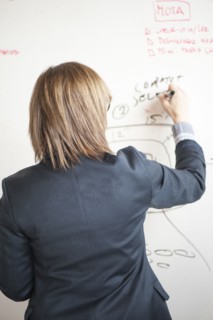 Businesswoman writing on whiteboard in office