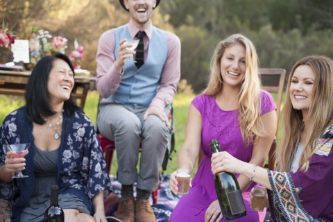 Friends drinking champagne at picnic in park