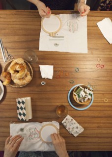 High angle view of women hand-stitching embroidery