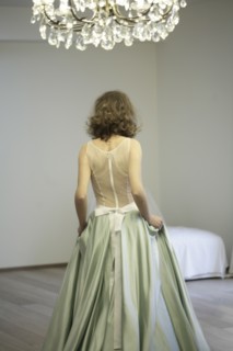 Rear view of bride wearing wedding dress