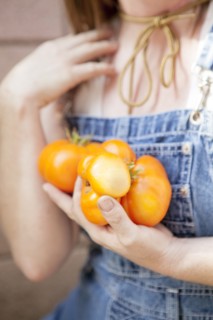 Mixed race farmer carrying fresh tomatoes