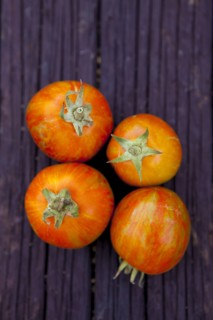 Close up of variety of fresh tomatoes on board