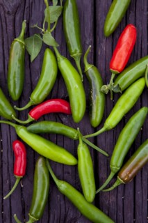 Close up of variety of chili peppers on board