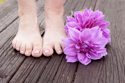 Close up of feet of mixed race woman and dahlia flowers