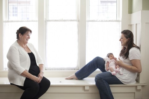Three generations of Caucasian women in windowsill