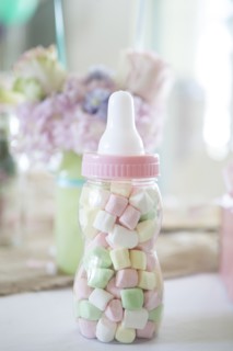Close up of candy baby bottle gift