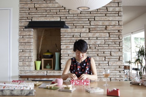 Japanese woman wrapping gifts