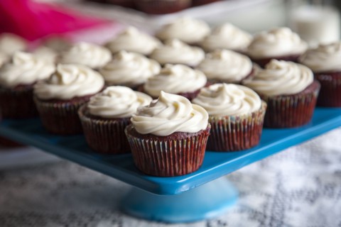 Close up of tray of cupcakes
