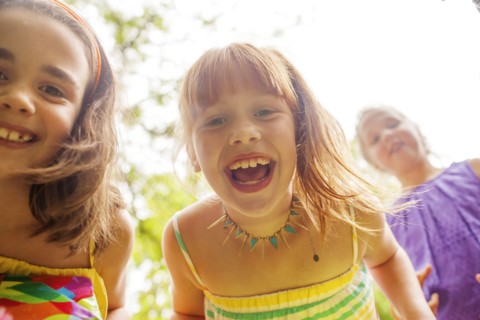 Close up of girls laughing outdoors