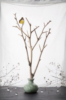 Butterfly perching on branches in ceramic vase