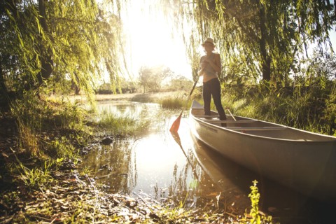 Caucasian woman rowing canoe in rural creek