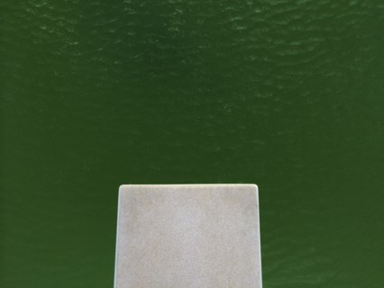High angle view of empty diving board over lake