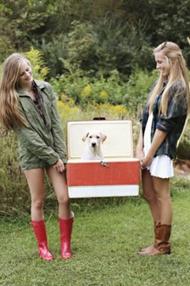 Close up of women carrying dog in vintage cooler
