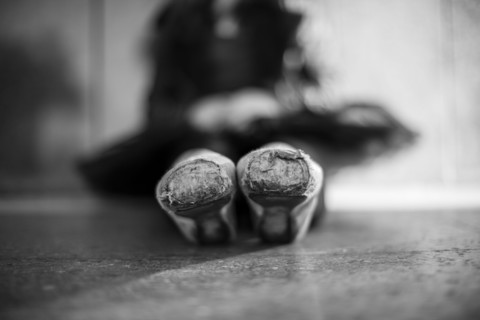 Close up of pointe shoes on ballet dancer