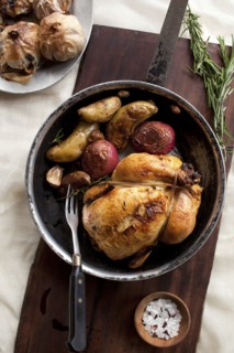 Roast chicken and vegetables in pot