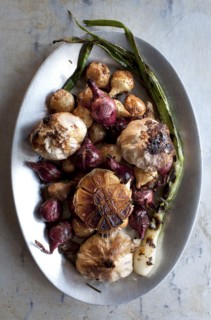 Plate of roast vegetables and garlic