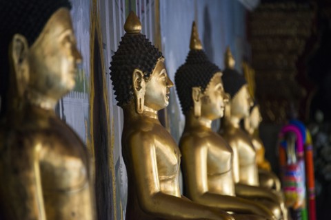 Close up of golden Buddha statues in temple