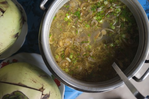 Close up of pot of hearty soup