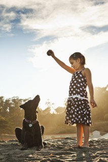 Mixed girl playing ball with dog
