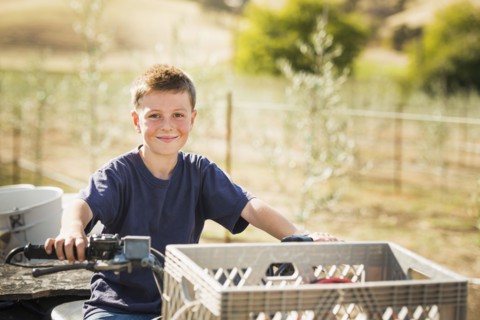Caucasian boy driving four wheeler outdoors