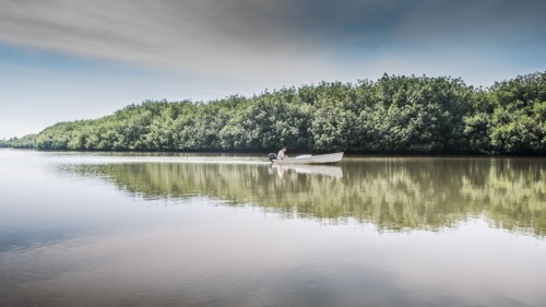 Canoe floating in still rural lake