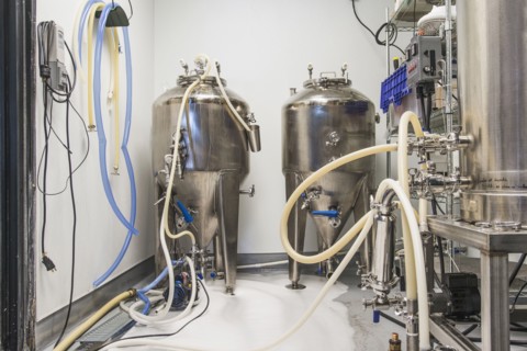 Beer brewing tanks in brewery