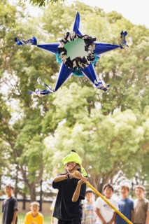 Blindfolded boy hitting pinata at party