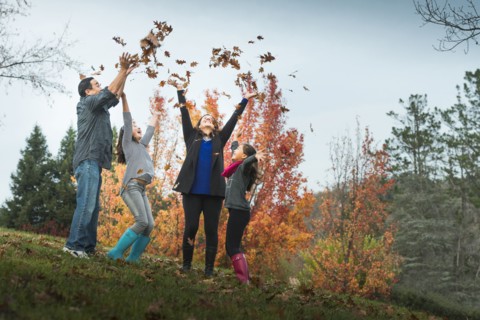 Family playing in autumn leaves