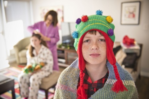 Portrait of Caucasian boy wearing Christmas tree stocking-cap